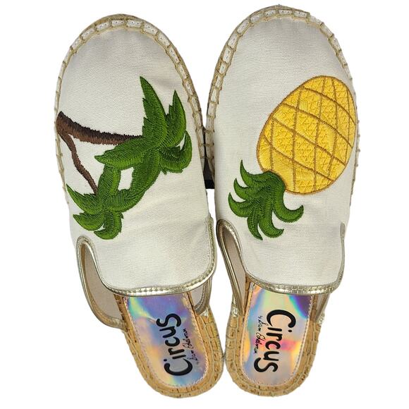 SAM EDELMAN CIrcus Leanne Textile Canvas Pineapple Palmtree Mule Slides Size 8.5 - Picture 2 of 4